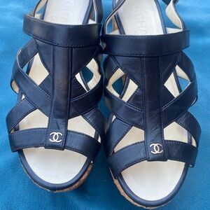 Chanel black leather straps cork bottom sandals